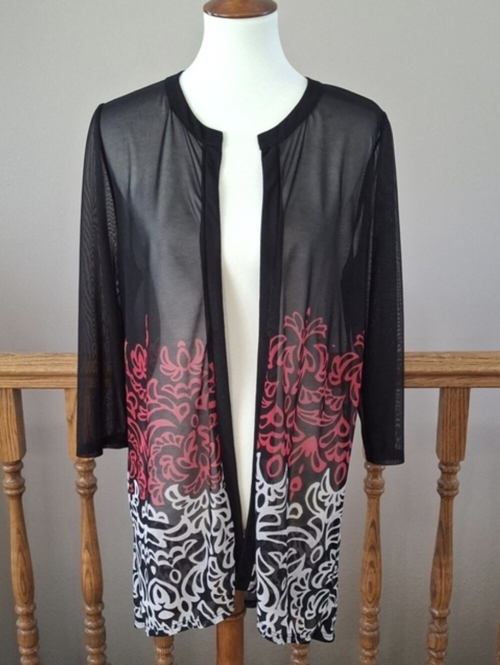 Black Sheer Open Front Cardigan with Red & White Floral Print